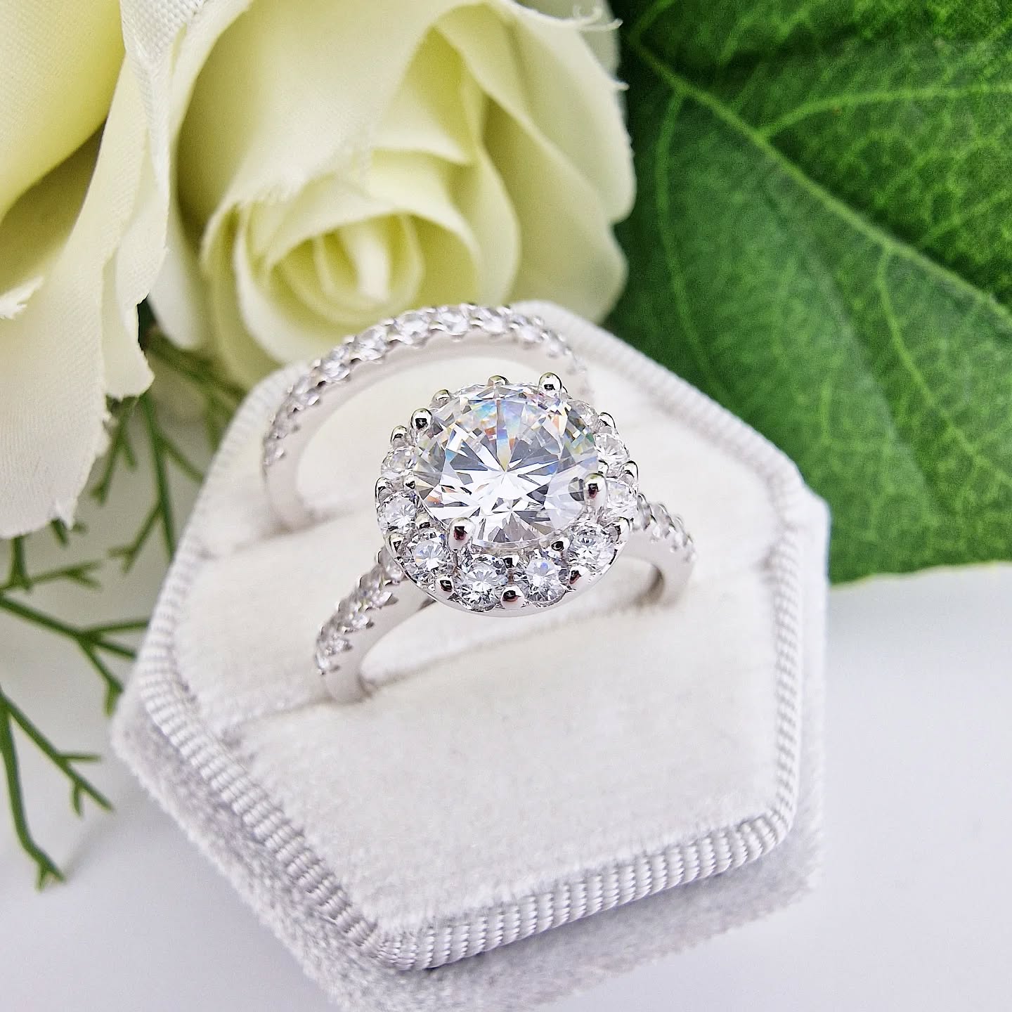 925 Sterling Silver Round Halo Bridal Set Cz Ring Set