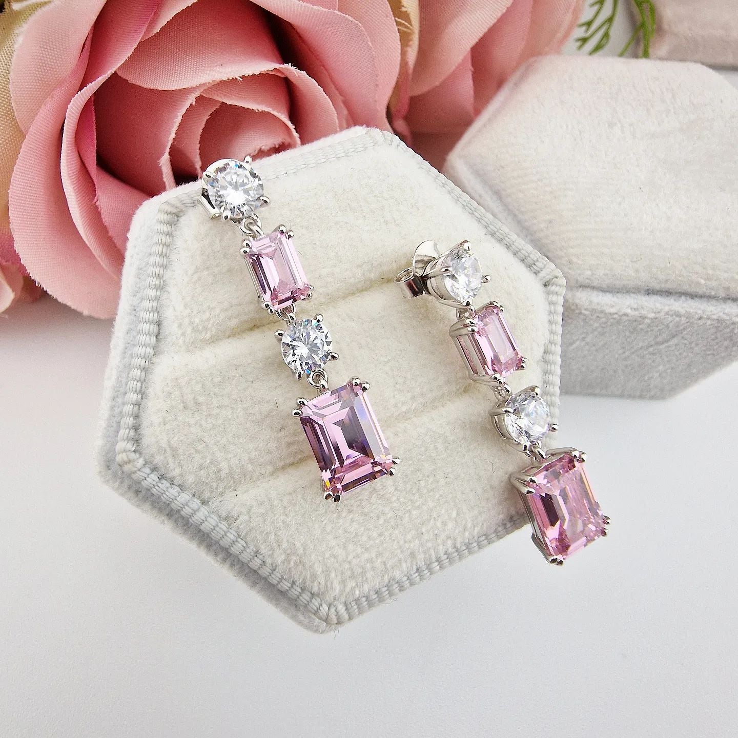 925 Sterling Silver Pink & Clear Cubic Zirconia Silver Drop Earrings J-Jaz