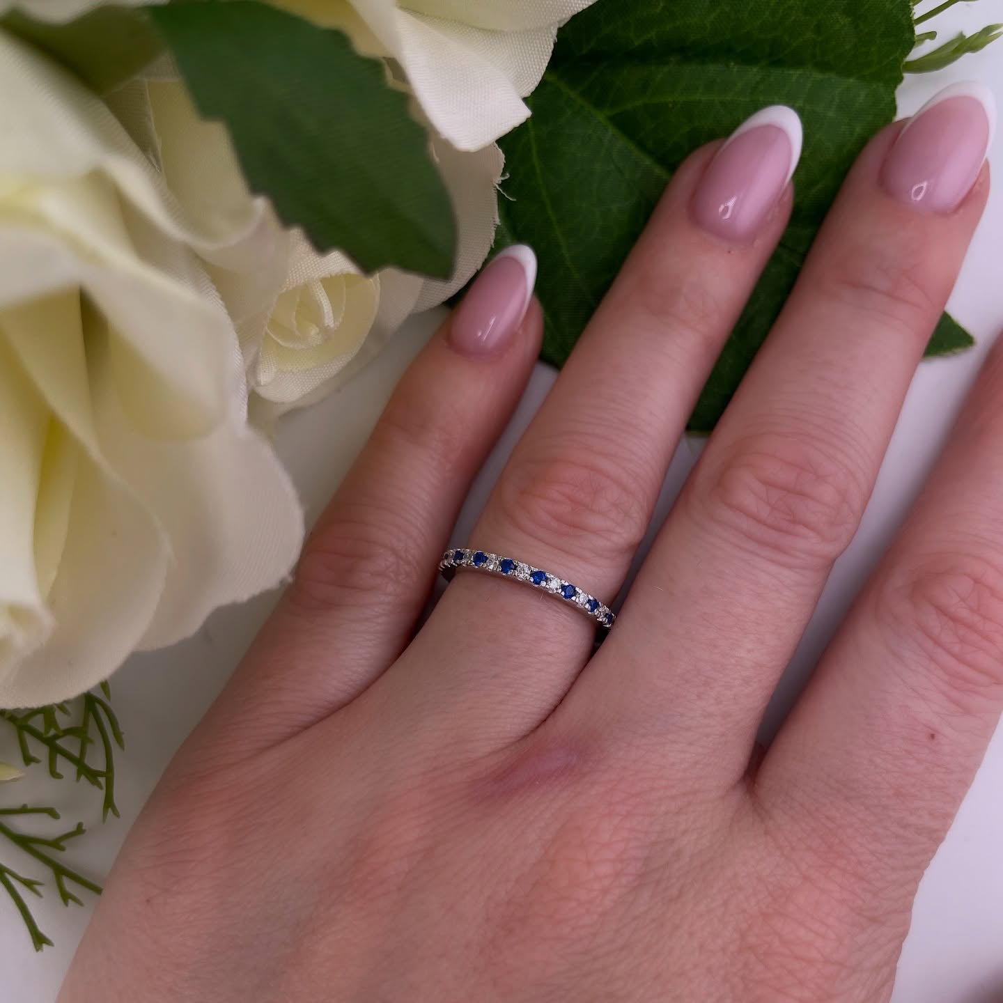925 Sterling Silver Blue Sapphire & White Cz Full Eternity Ring