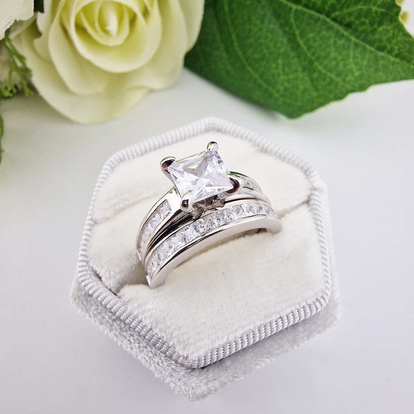 925 Sterling Silver Bridal Set Cz Princess Cut Rings