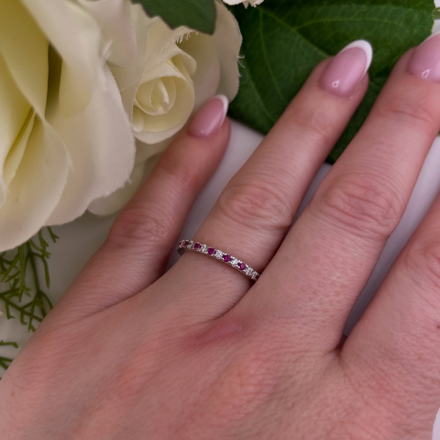 925 Sterling Silver Ruby Red & White Cz Full Eternity Ring