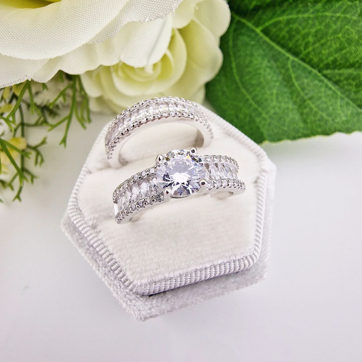 925 Sterling Silver Round & Marquise Cz Ring Set