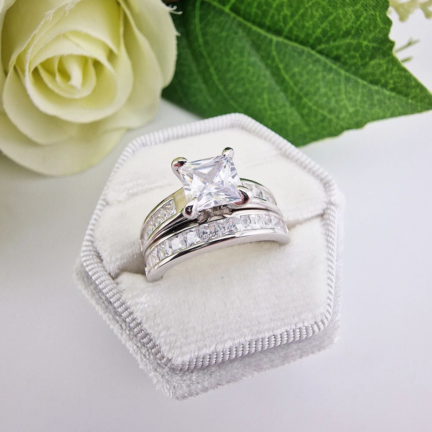 925 Sterling Silver Bridal Set Cz Princess Cut Rings