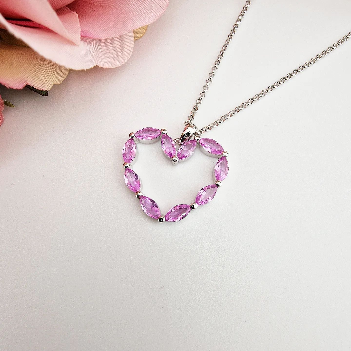 925 Sterling Silver Pink Heart Silver Drop Necklace J-Jaz