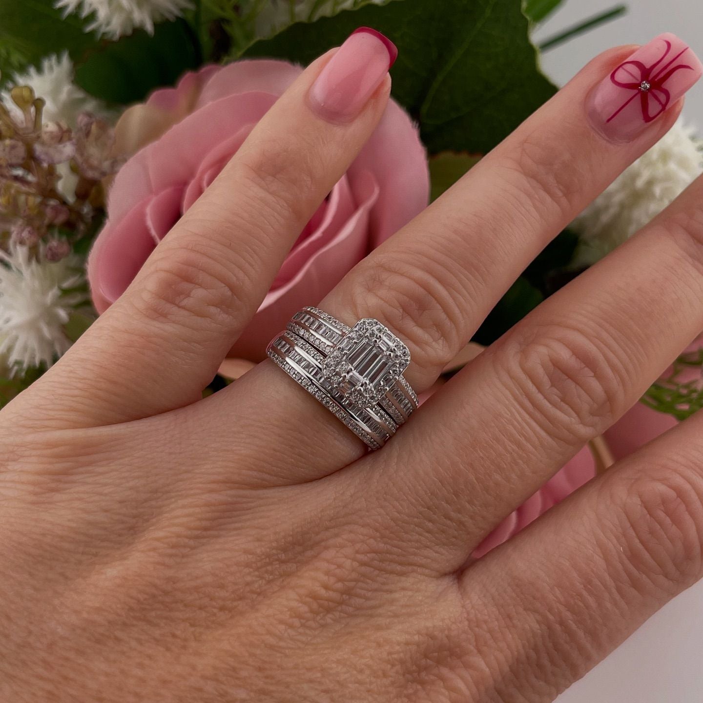 925 Sterling Silver Round & Baguette Cz Ladies Ring Set