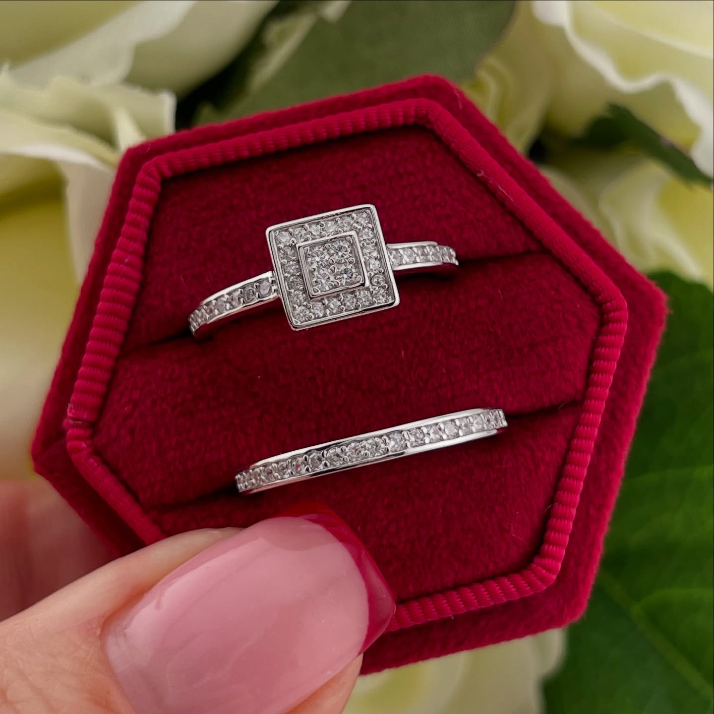 925 Sterling Silver Square Set Halo Cz Ring Set