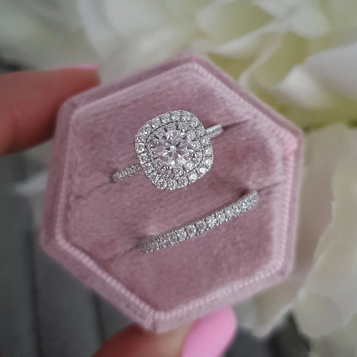 925 Sterling Silver Round Centre Double Cubic Zirconia Halo Ring Set