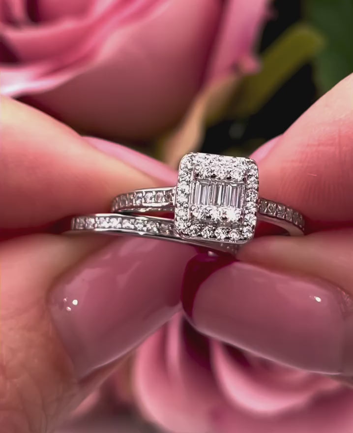 925 Sterling Silver Vintage Style Baguette & Round Ladies Ring Set
