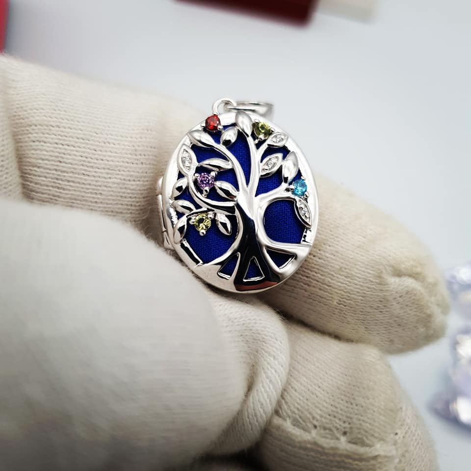 925 Sterling Silver Oval Tree of Life Locket with Multi Colour Cz's with Chain