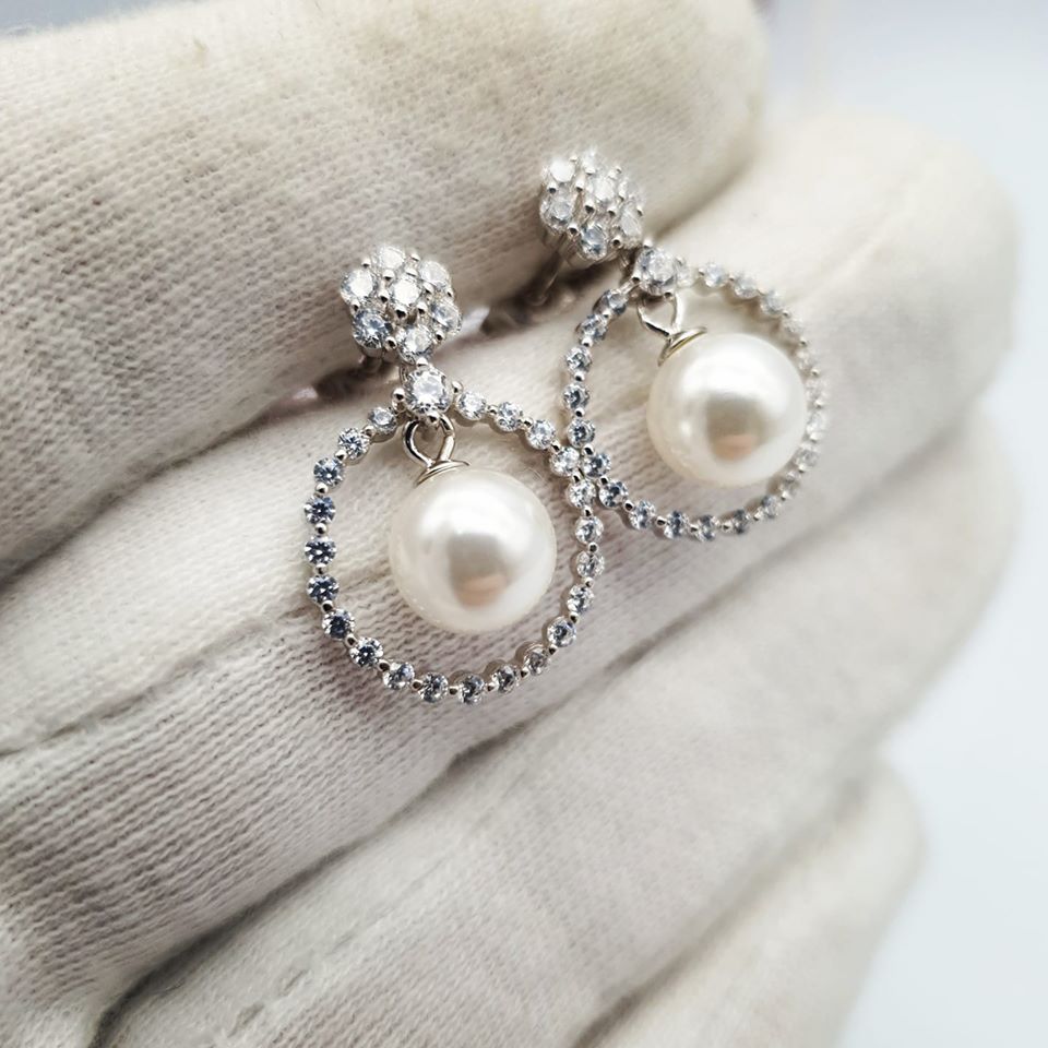 925 Sterling Silver Pearl and Cubic Zirconia Circle Drop Earrings