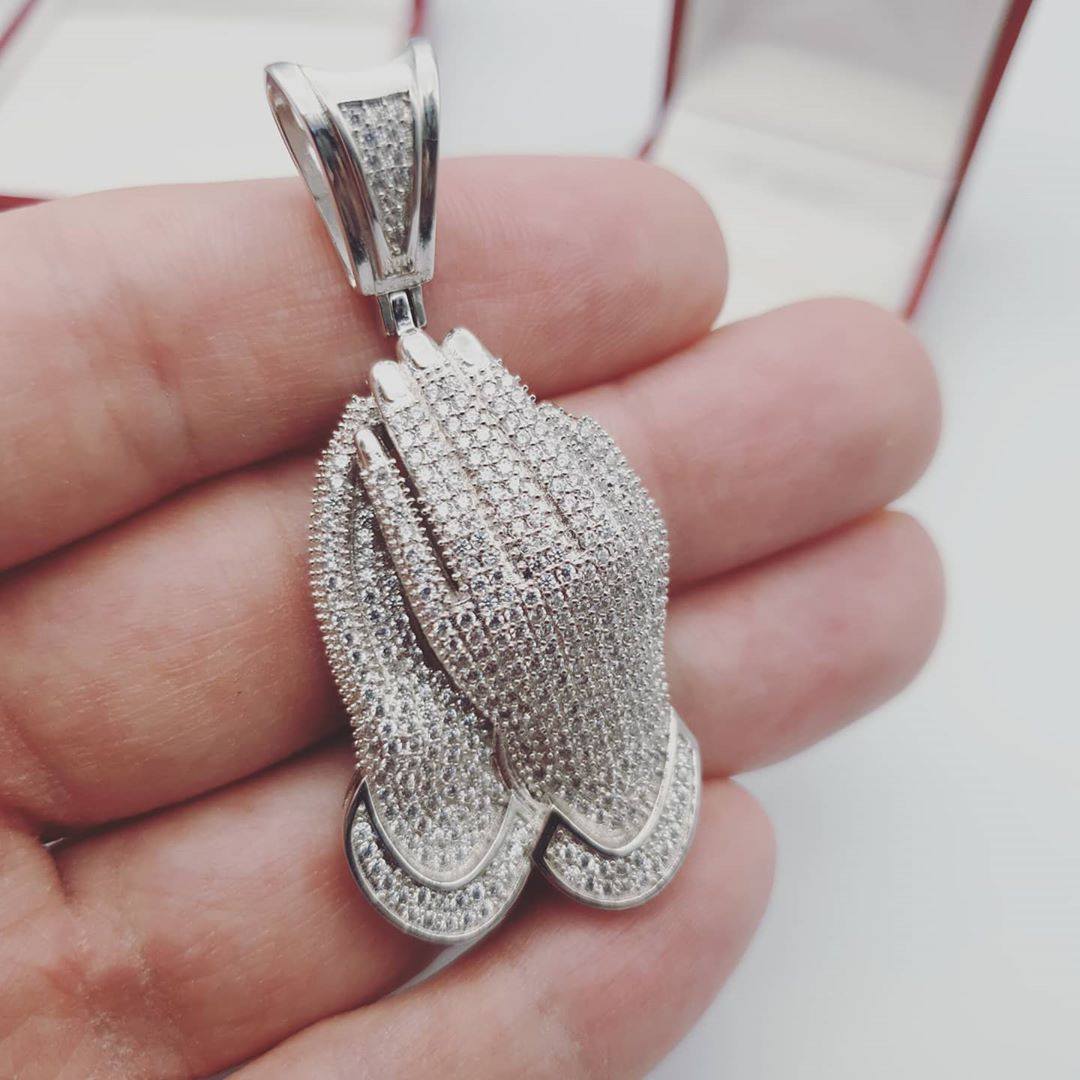 925 Sterling Silver CZ Large Praying Hands Pendant