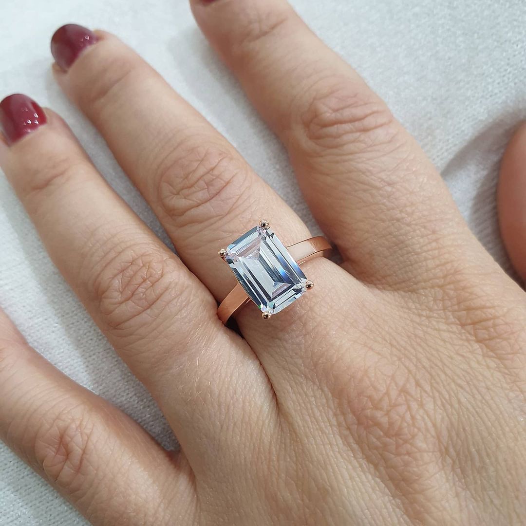 925 Sterling Silver & Rose Gold Large Emerald Cut Solitaire Ring