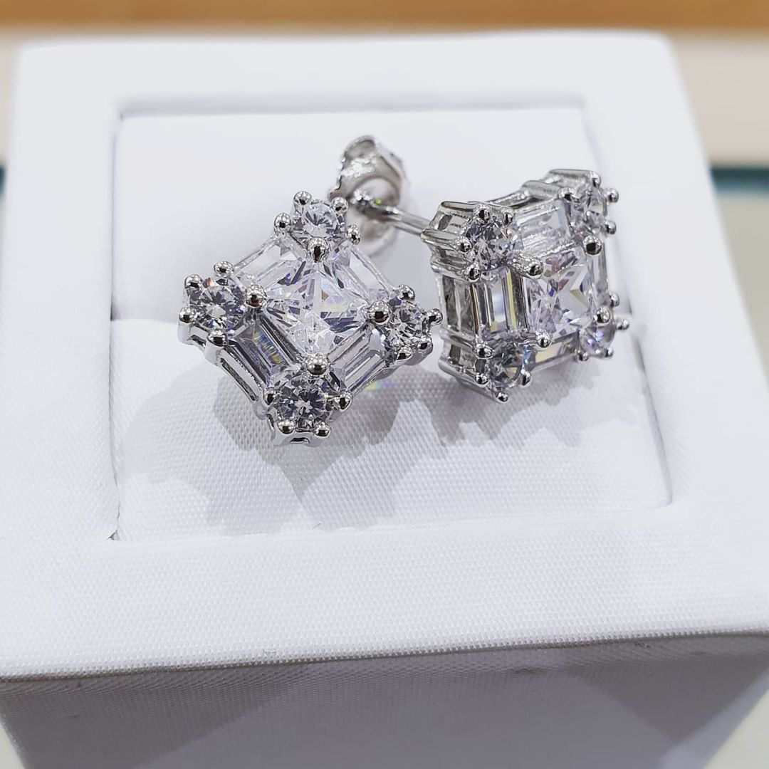 925 Sterling Silver Baguette Cut Cluster Stud Earrings
