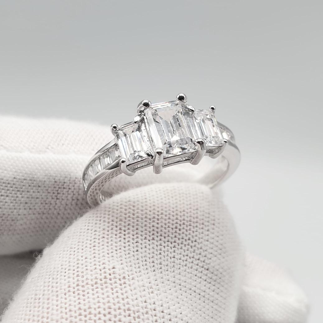 925 Sterling Silver Trilogy with Baguettes Cz & on Shoulder Ring