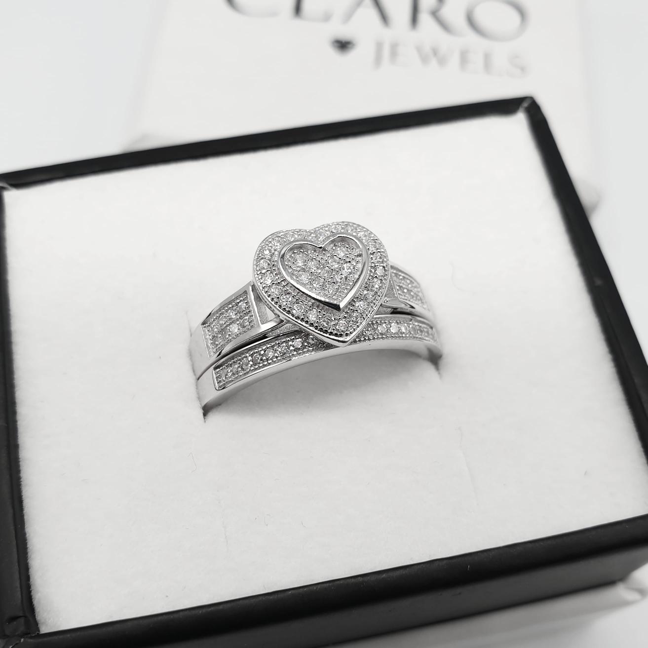 925 Sterling Silver Pave Set Cz Heart Ring & Eternity Band Set