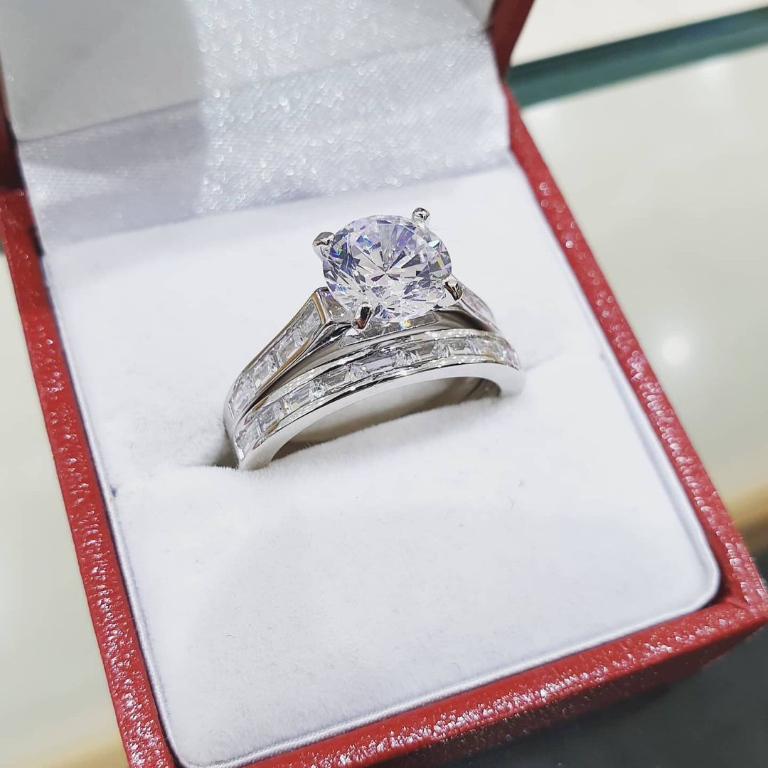 925 Sterling Silver 2ct Solitaire & Baguette Cut Eternity Cz Ring Set