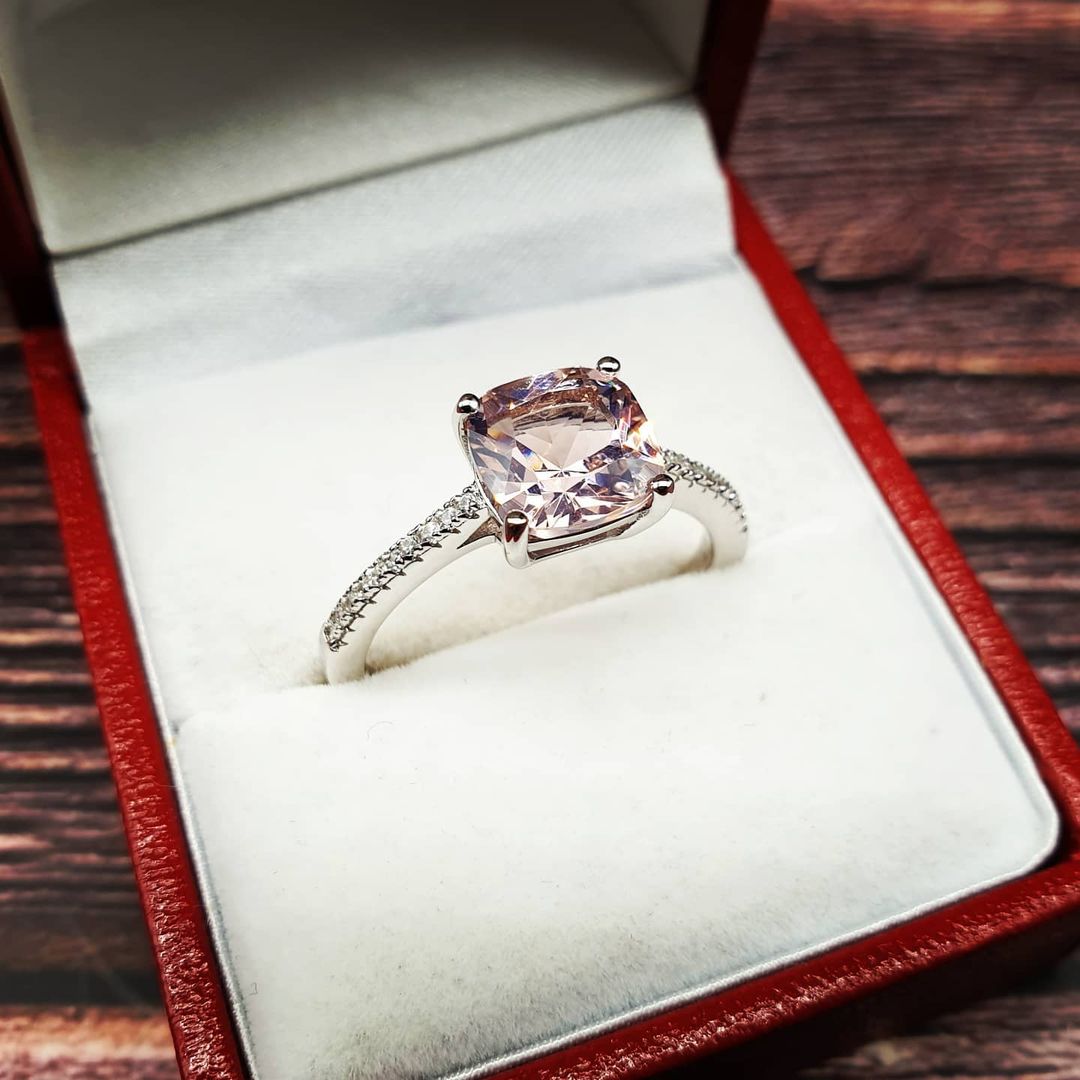 925 Sterling Silver Cushion Set Morganite Cz Ring