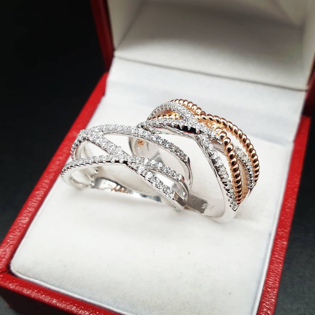 925 Sterling Silver Micro Pave' 3 Row Cross Over with 61 Cz's Ring J-Jaz