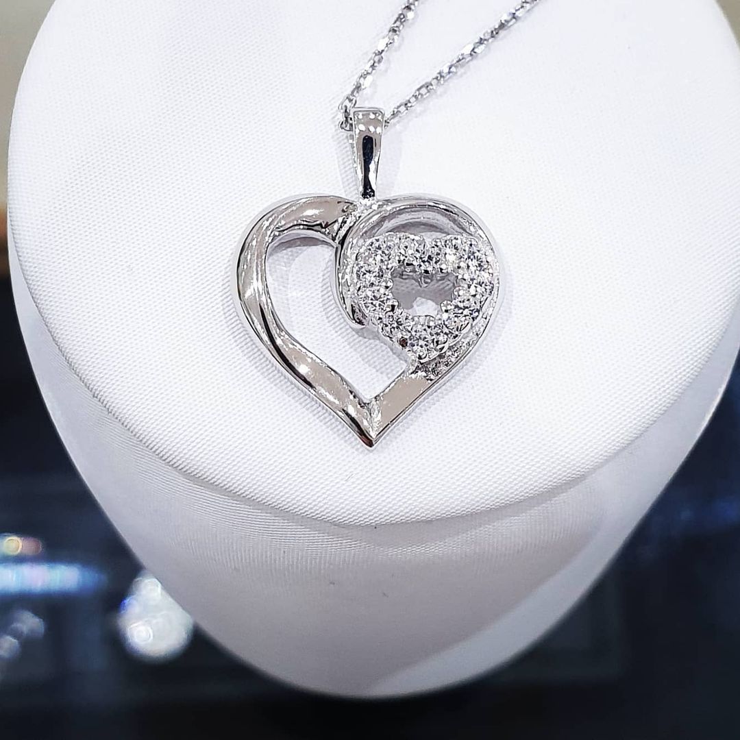 925 Sterling Silver Double Cz Heart Pendant with Chain