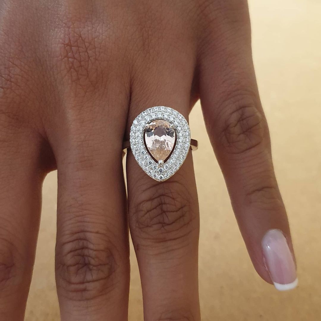 925 Sterling Silver Double Halo Pear Cut Morganite Cz Ring