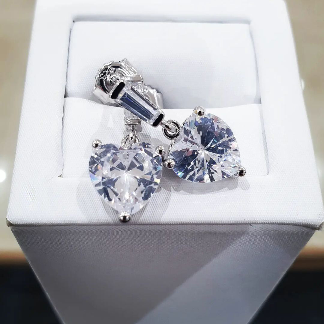 925 Sterling Silver Cubic Zirconia Heart & Baguette Cut Drop Stud Earrings
