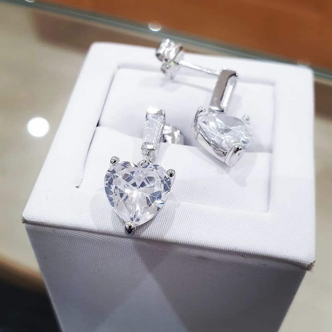 925 Sterling Silver Cubic Zirconia Heart & Baguette Cut Drop Stud Earrings