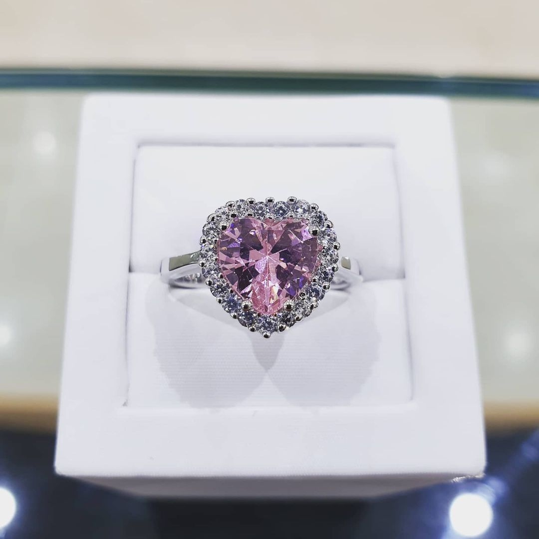 925 Sterling Silver Pink Cz Heart Cluster Ring
