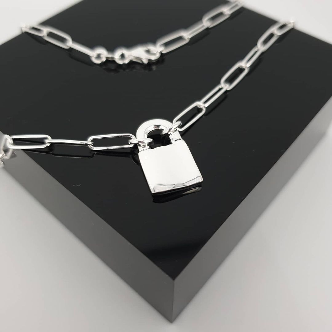 925 Sterling Silver Paperclip Chain Padlock Charm Necklace