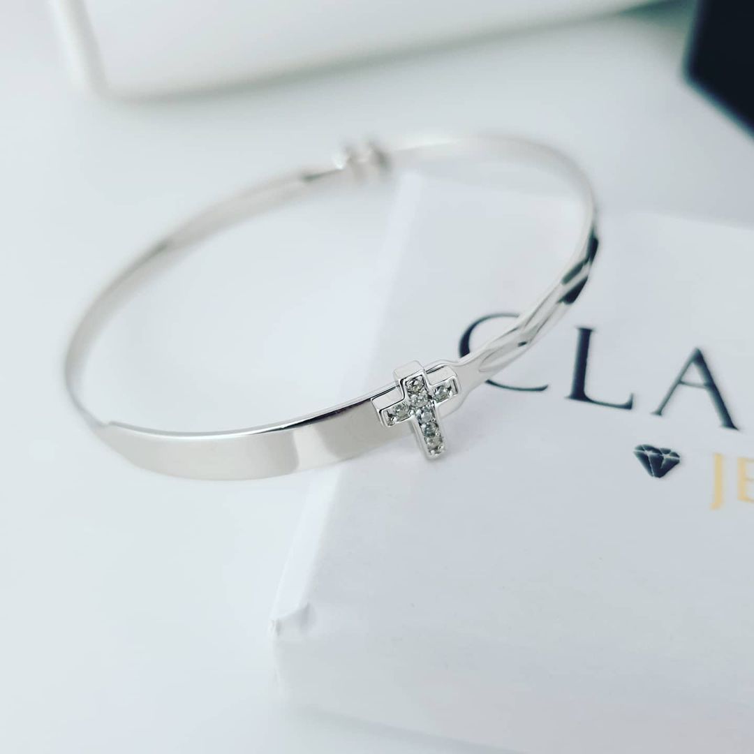 925 Sterling Silver Children's ID with Cz Cross Expandable Bangle
