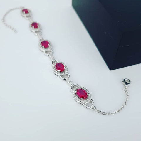 925 Sterling Silver Ruby & Clear CZ's Halo Style Ladies Bracelet