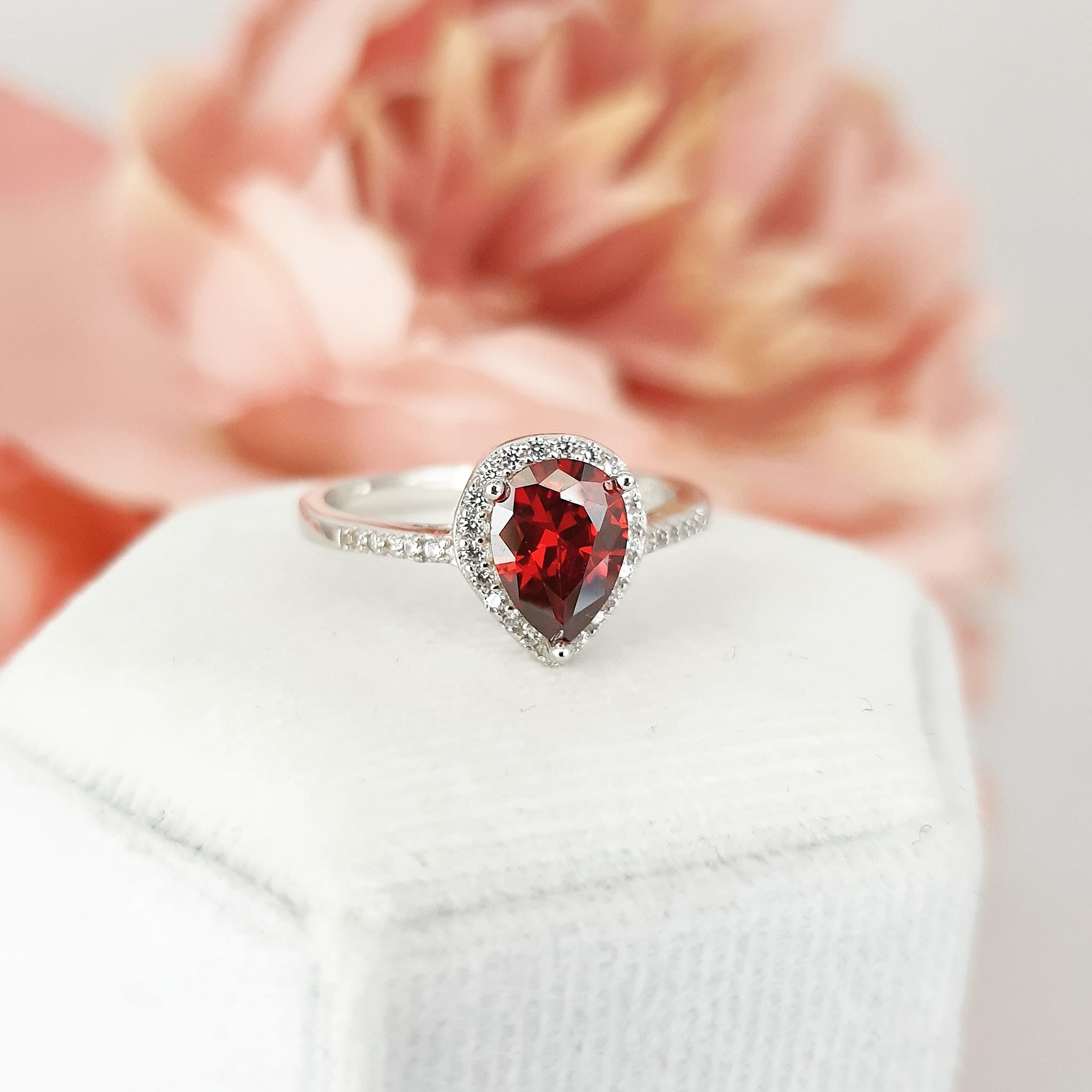 925 Sterling Silver Ruby Cz Tear Drop Halo Ring