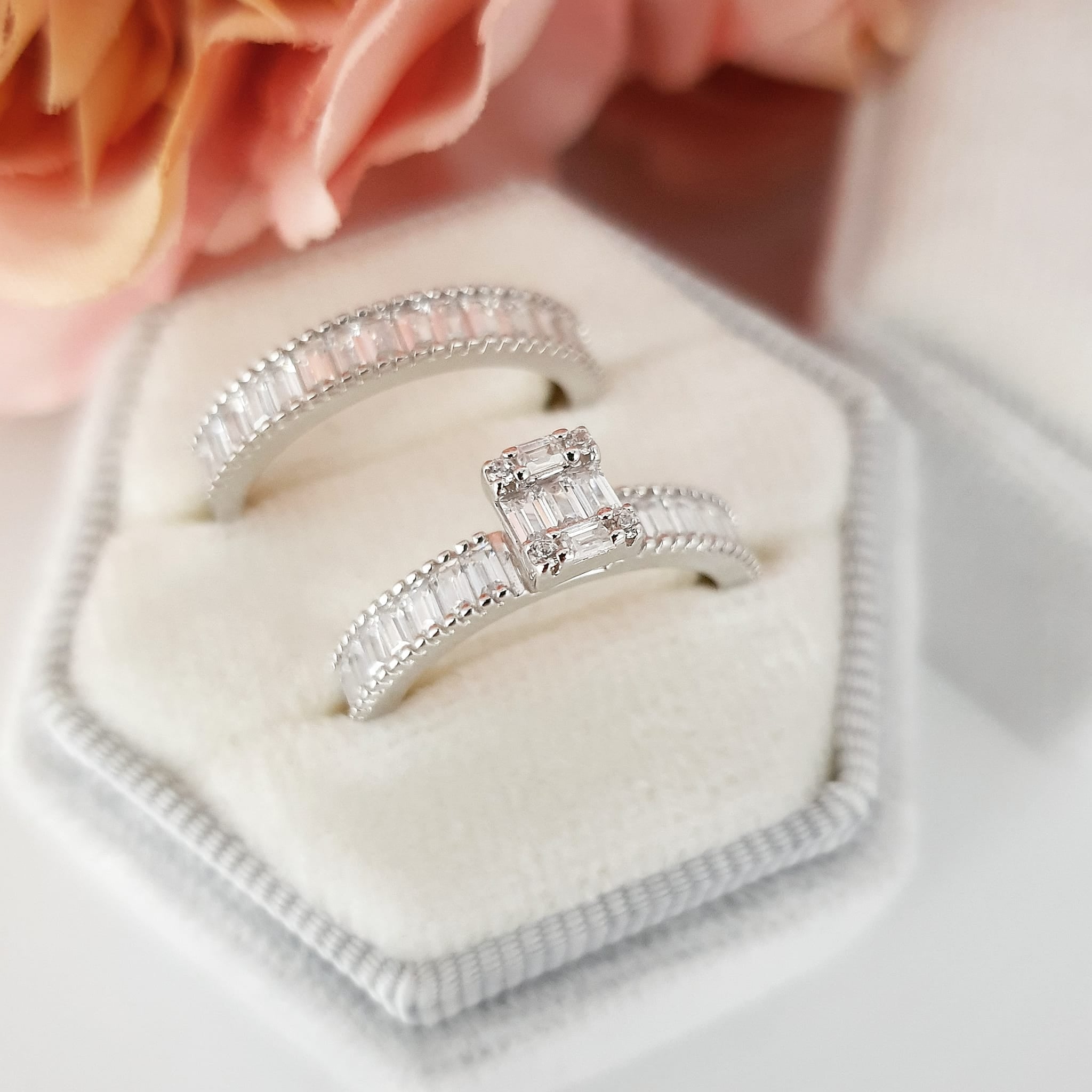 925 Sterling Silver Baguette Cz Ladies Ring Set