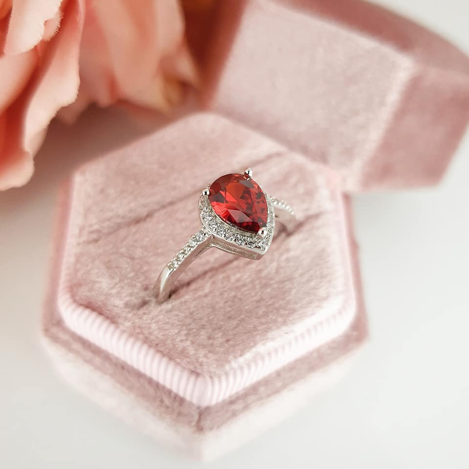 925 Sterling Silver Ruby Cz Tear Drop Halo Ring
