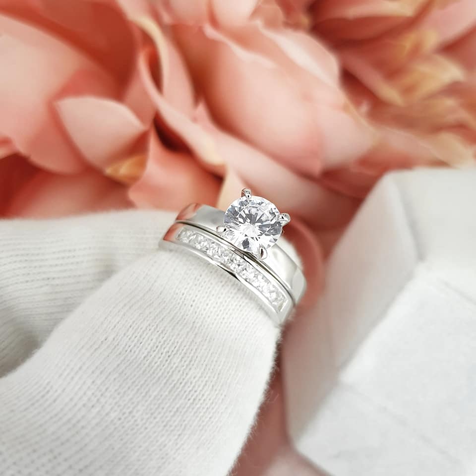 925 Sterling Silver Channel Set Eternity Cz Bridal Ring Set