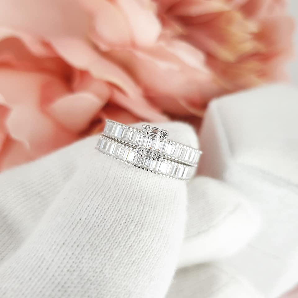 925 Sterling Silver Baguette Cz Ladies Ring Set