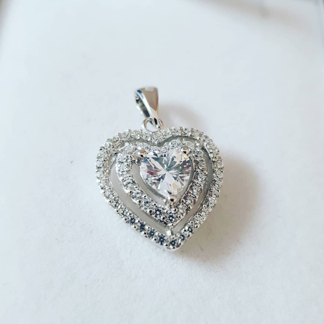 925 Sterling Silver Heart Cz with Two Row of Cz's Pendant with Chain