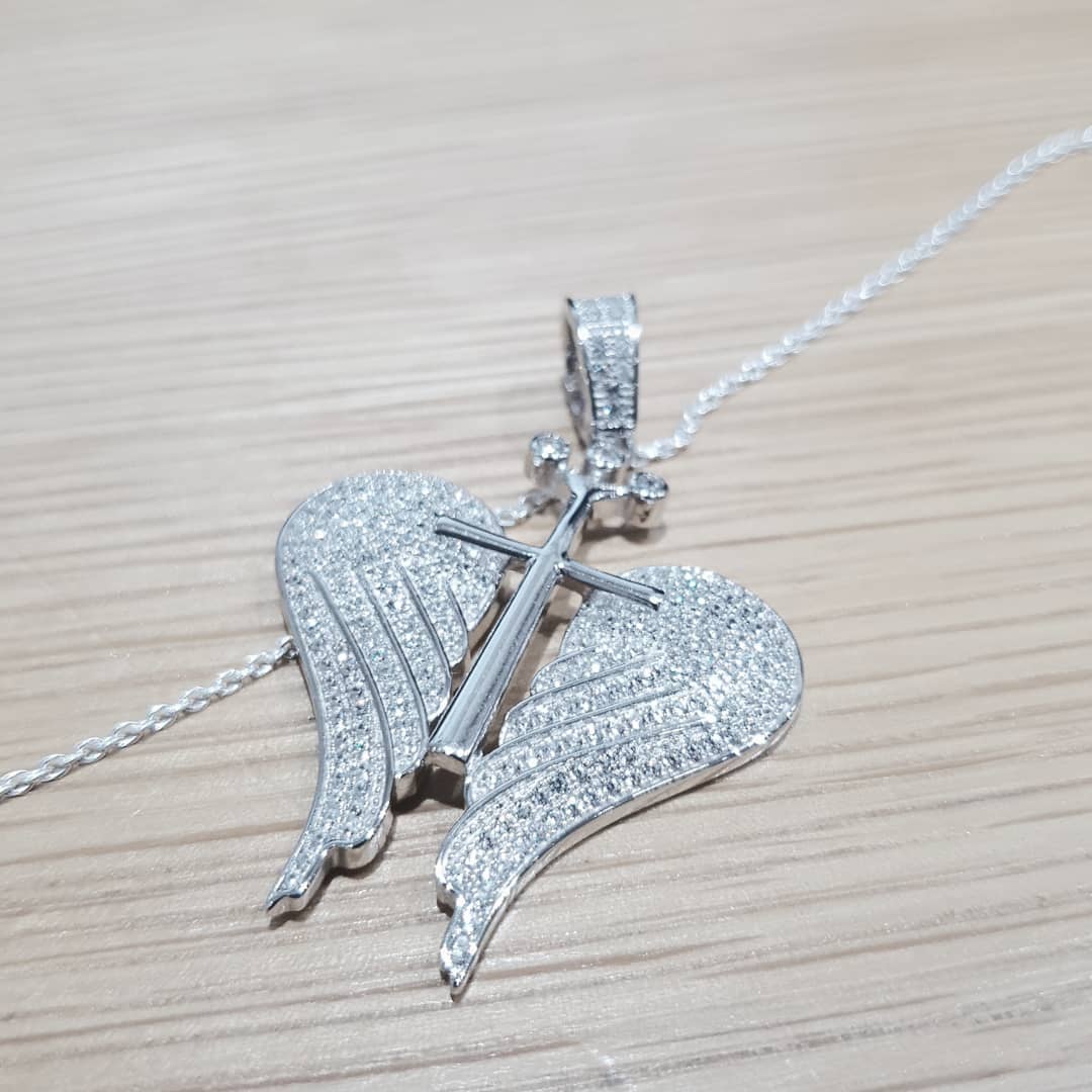 925 Sterling Silver CZ Open Angel Wings with Royal Cross Pendant With Chain
