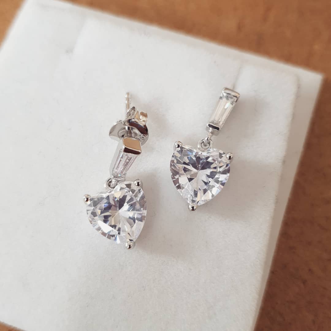 925 Sterling Silver Cubic Zirconia Heart & Baguette Cut Drop Stud Earrings