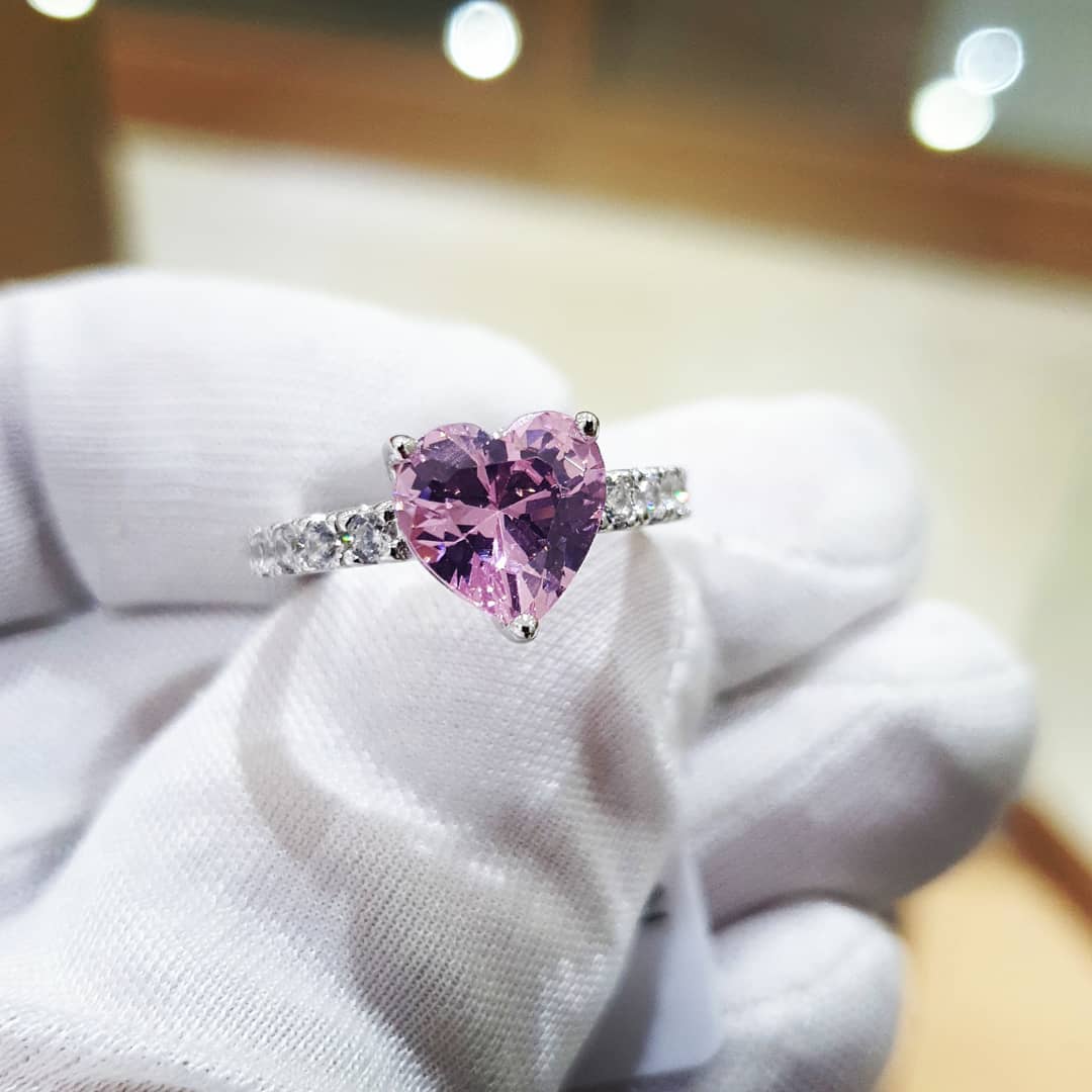 925 Sterling Silver Pink Heart Cut Cz Solitaire Ring with Claw Set Cz Shoulders