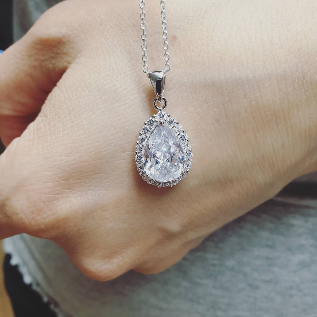 925 Sterling Silver Cz Pear Cut Cluster Drop Pendant with Chain