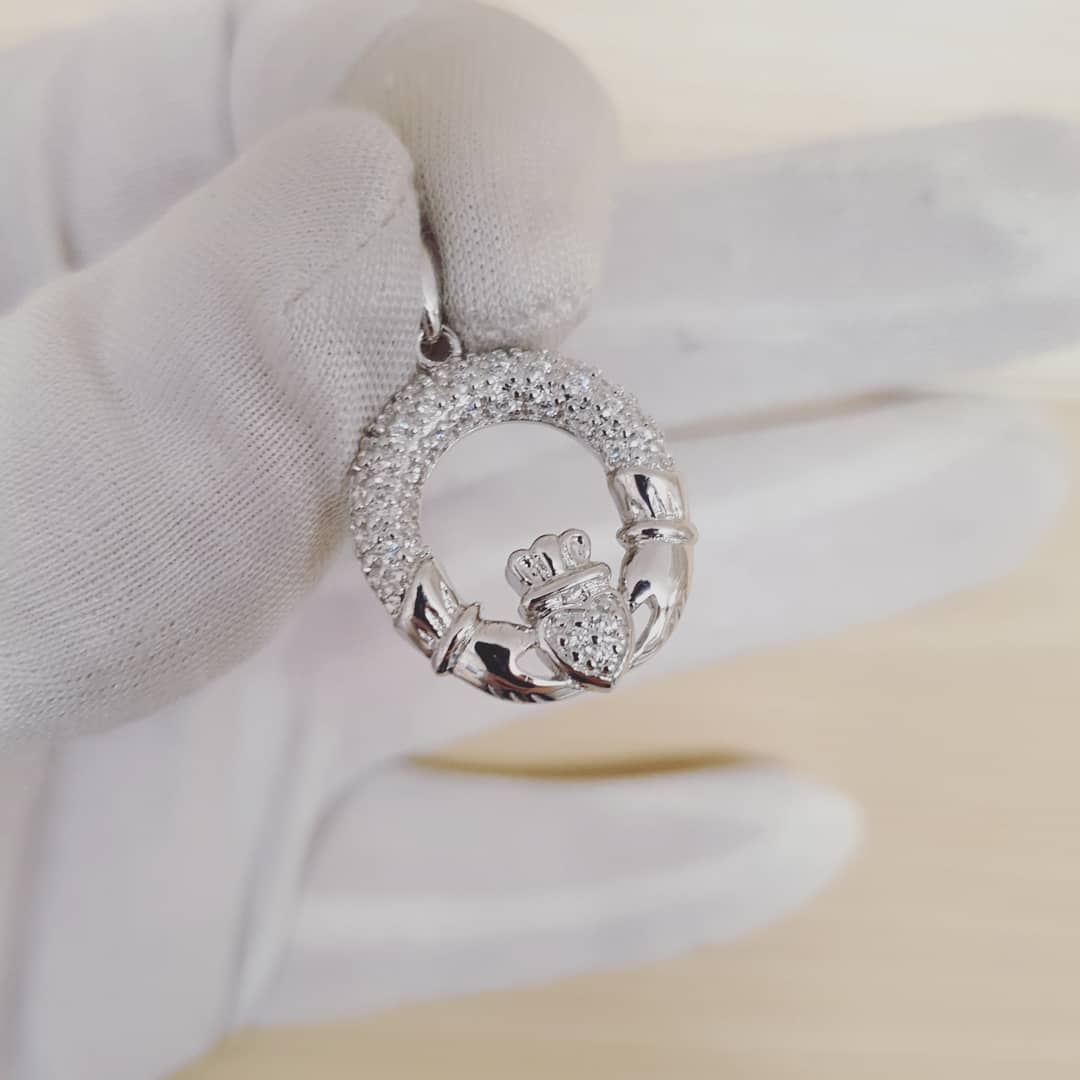 925 Sterling Silver Pave Set Cz Claddagh Drop Pendant with Chain