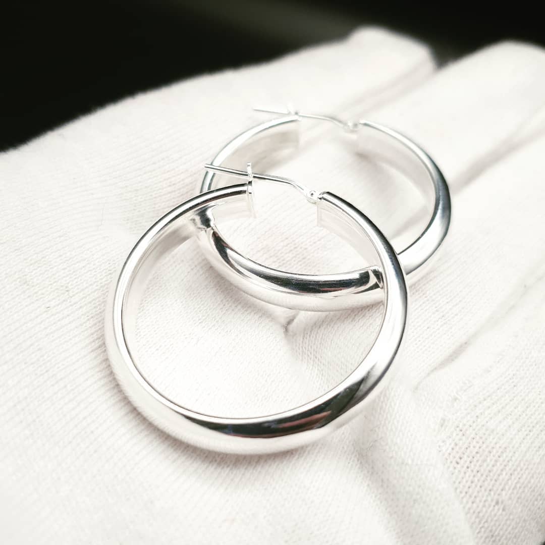 925 Sterling Silver 36mm D Shaped Hoop Earrings