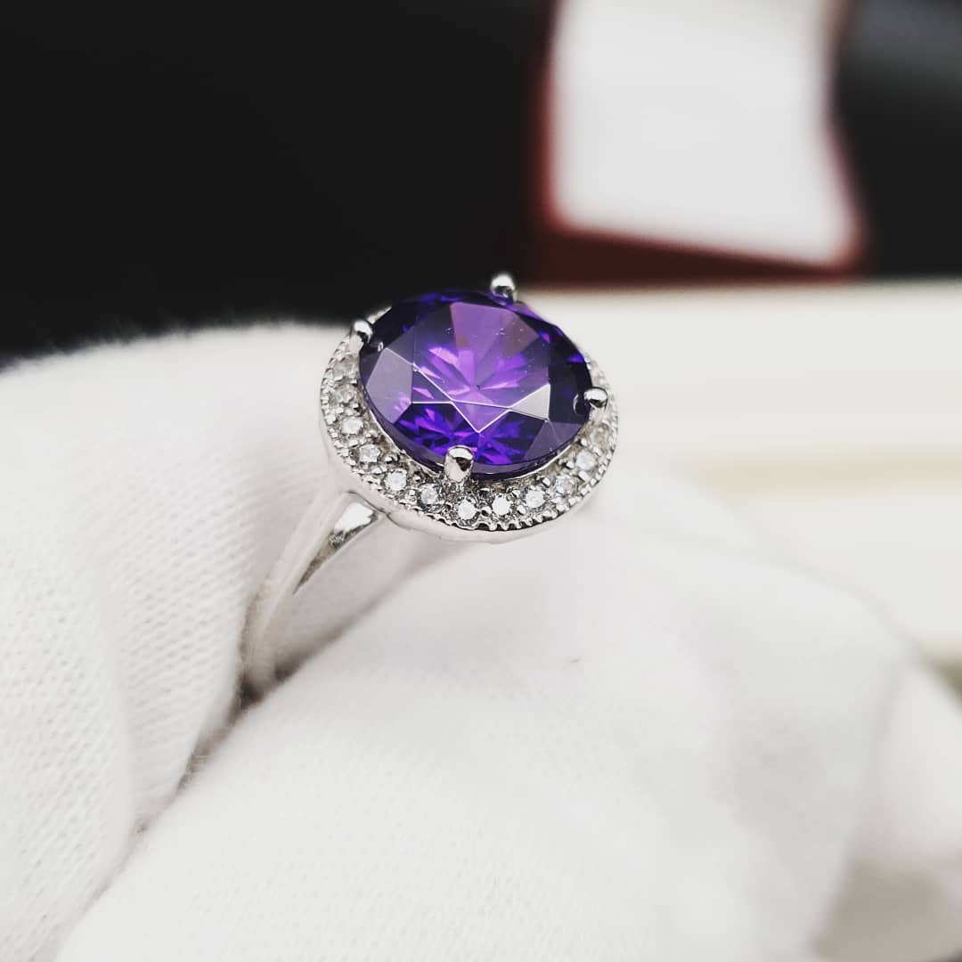 925 Sterling Silver Amethyst Cz Halo Ring