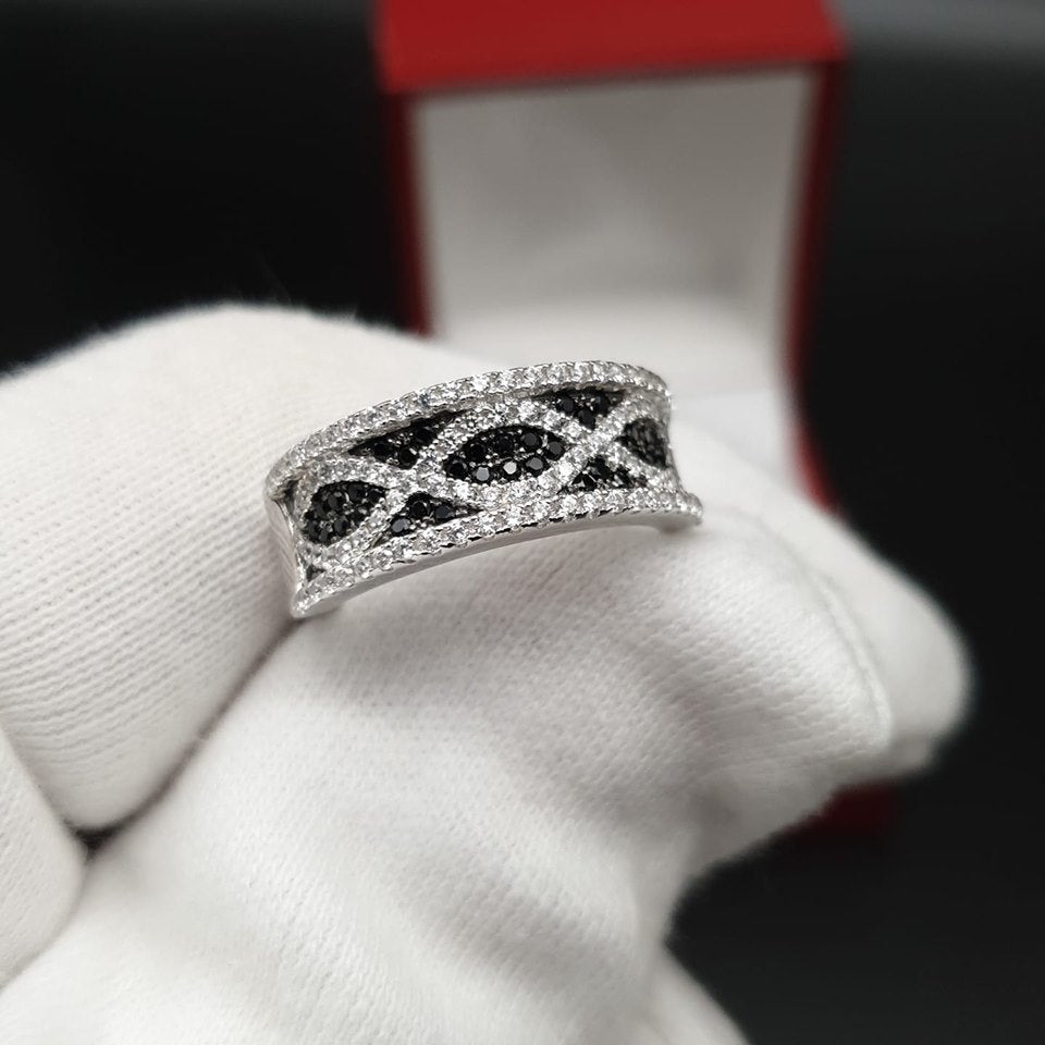 925 Sterling Silver Micro Pave' Black & White Cz Ring - J Jaz