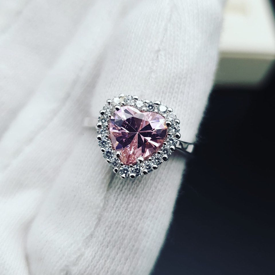 925 Sterling Silver Pink Cz Heart Cluster Ring