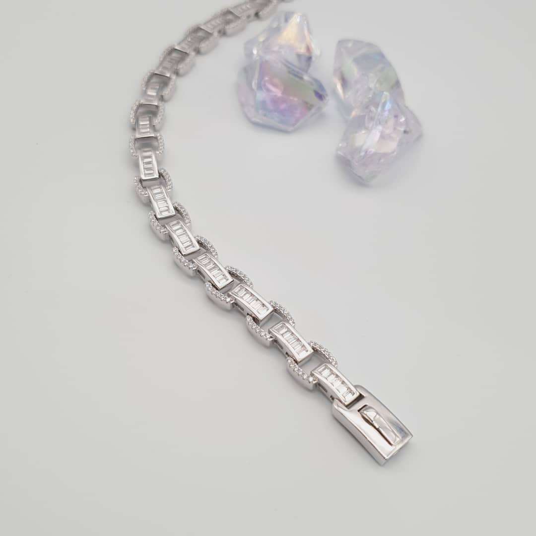 925 Sterling Silver Baguette & Round 226 CZs Ladies Bracelet
