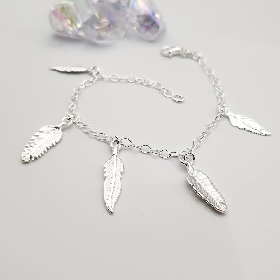 925 Sterling Silver 5 Feathers Ladies Charm Bracelet