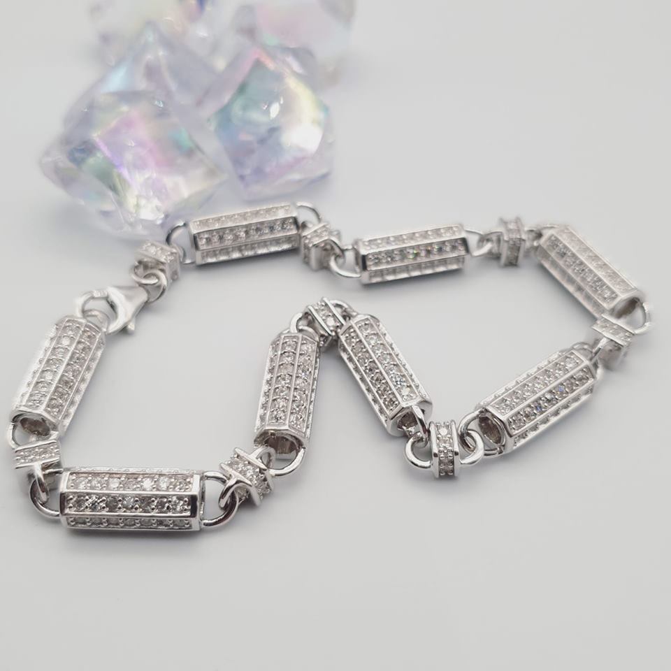 925 Sterling Silver Chain Bullet Link Cubic Zirconia Set Chain/Bracelet