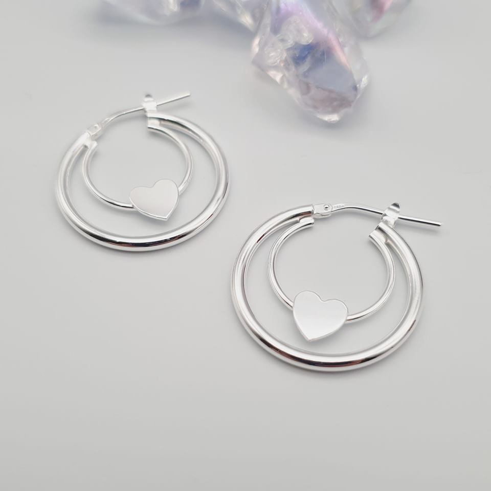 925 Sterling Silver Double Heart Hoop Earrings