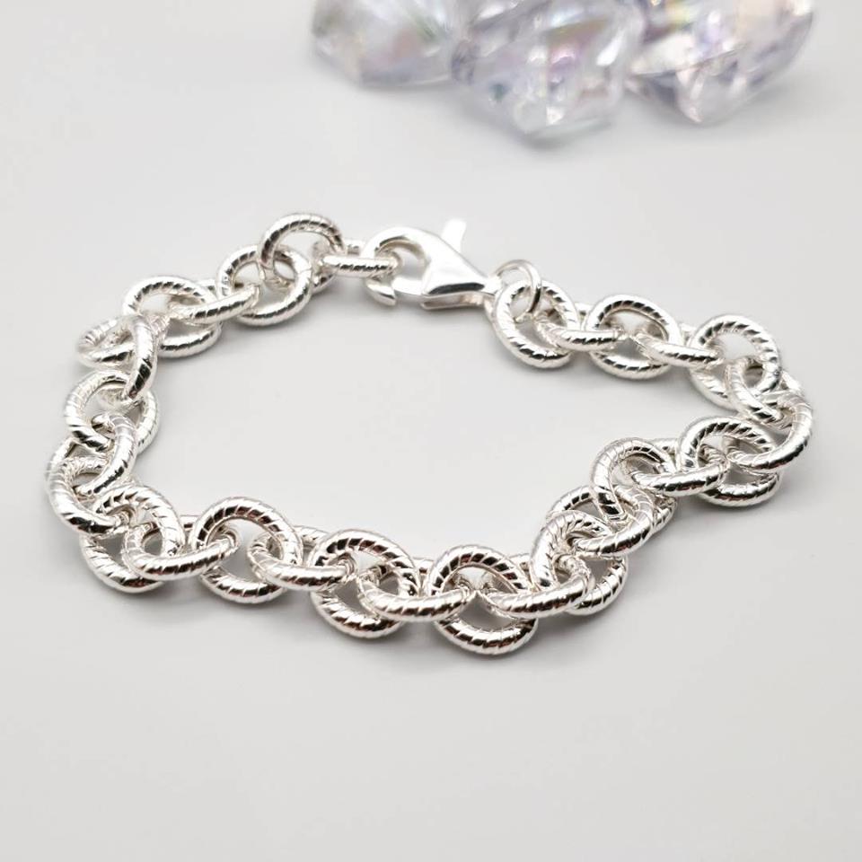 925 Sterling Silver Rolo Ribbed Edge Link Ladies Bracelet